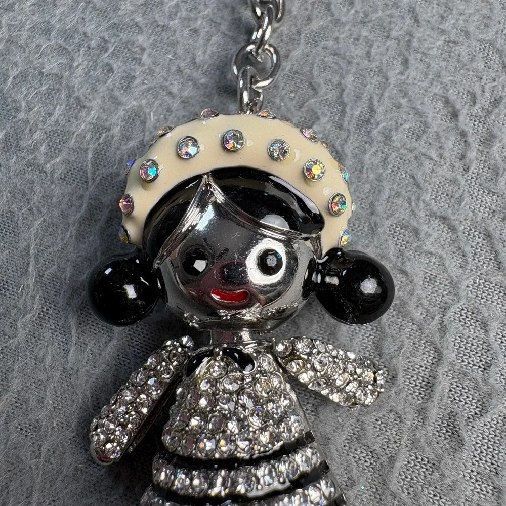 Crystal Rhinestone Articulated Fashion Doll Bag Charm Keychain Silver Tone